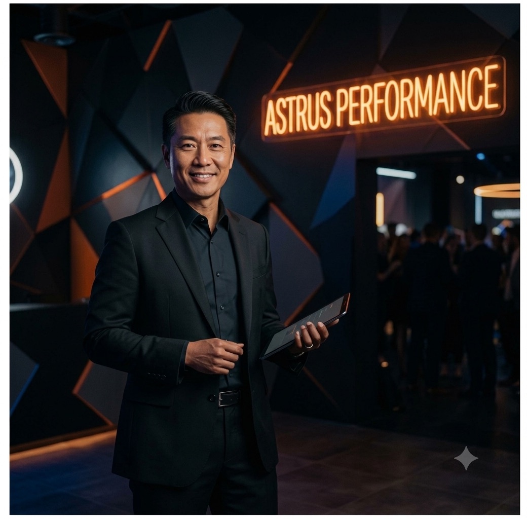 Gustavo Silva, fundador da Astrus Performance, em evento da agência com letreiro neon da marca ao fundo